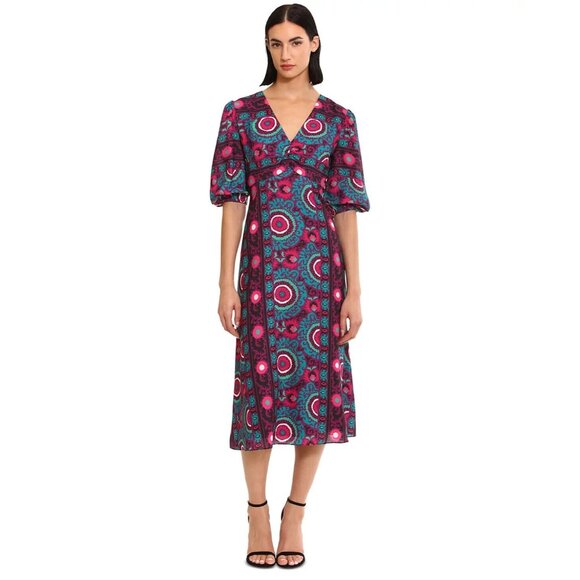 Donna Morgan Dress Midi 3/4 Sleeve Printed V Neck Purple NWT - Picture 1 of 15
